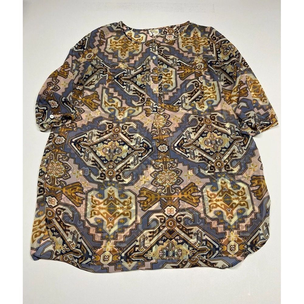 Fig & Flower Top Womens 1X Sleeve Boho Tunic Popover‎ Sheer Yoke Peasant Artsy